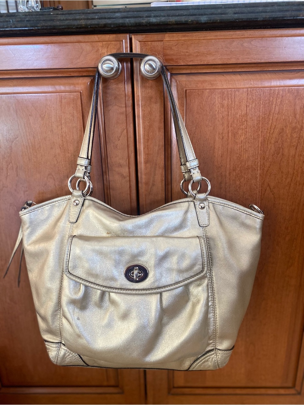 Coach Metallic Gold Shoulder Bag with Turn-Lock Front Pocket